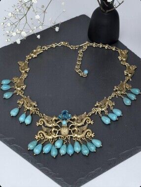 Antique Gold Mythological Winged Hippocampus Pegasus Turquoise Necklace